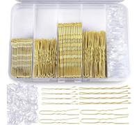 Aucuu 300 pcs Bobby Pins Kit, 100 Gold Waved Hair Pins(50pcs L+50pcs S), 100 Gold U Shaped Hair P-ins(50pcs L+50pcs S),100 White Elastic Bands, with Storage Box, for All H-air Types