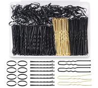 Aucuu 300 pcs Bobby Pins Kit, 100 Middle Waved Hair Pins, 50 Black U Shaped Hair Pins, 50 Gold U Shaped H-air P-ins, 100 Black Elastic Bands, with Storage Box, for All H-air Types
