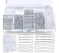 Aucuu 300 pcs Bobby Pins Kit, 100 Silver Waved Hair Pins(50pcs L+50pcs S), 100 Silver U Shaped Hair P-ins(50pcs L+50pcs S),100 White Elastic Bands, with Storage Box, for All H-air Types