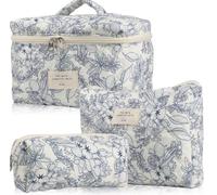 Aucuu 3PCS Coquette Makeup Bag, Quilted Makeup Bag for Women, Floral Cotton Cosmetic Bag Set, Large Capacity Aesthetic Floral Toiletry Bag, Travel Toiletry Bag, Wash Organizer Pouch for Women Girls