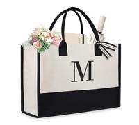 Aucuu Personalized Initial Canvas Beach Bag, Canvas Tote Bag, Monogrammed Gifts, Work Tote Bag for Mom Teacher Friends,Letter M