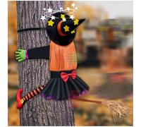 Audasi Crashing Witch into Tree, Large Halloween Decorations Hanging Decor Outdoor for Halloween Crochet Flying Witch on Broom Hitting Tree Decoration for Yard Garden Lawn Porch