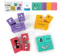 Audasi Wooden Face Changing Magic Cube Game 3D Puzzle Face-Changing Magic Cube Expression Puzzle Building Blocks Pattern Matching Game Educational Puzzles Toy Board Games with Bell and Card