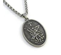Audday St Michael the Archangel Necklace for Men Women, Metal Shield Saint Michael Pendant with Prayer, Religious Catholic Protection Jewelry necklace, Archangel Michael Defeating Devil Medal, 23.6