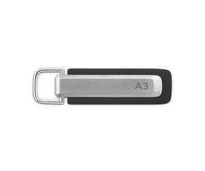 Audi 3182500400 Keyring Metal Leather Pendant Key Ring Engraved with A3 Lettering and Audi Rings Logo, Silver/Black