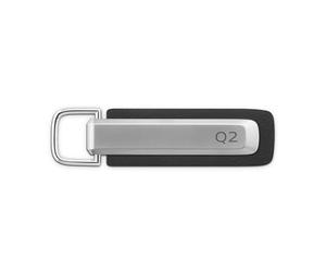 Audi 3182500900 Metal Leather Keyring Engraved with Q2 Lettering and Audi Rings Logo, Silver/Black