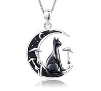 AUDINCEED Cat Gifts for Cat Lovers Black Cat Crescent Moon Necklace 925 Sterling Silver Cat on Moon with Mushroom/Bat Necklace Birthday Christmas Cat Jewelry, Sterling Silver, No Gemstone