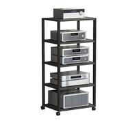 Audio Component Rack on Wheels, Adjustable Hi-Fi Equipment Tower with Glass Door, Rolling Stand for Home Theater AV Stereo Amp Turntable, Black