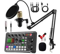Audio Interface Podcast Equipment Bundle, F998 Sound Card and BM800 Microphone Kit, DJ Mixer Audio Streaming Podcast Microphone Studio Condenser Mic Kit Lighted Voice Changer for Singing, PC, Phone