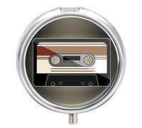 Audiocassette Vintage Musical Device A Symbol of The Last Century Iron Pill Box Case Organizer with Internal Separate Plastic Dividers, Travel Small Medicine Bag Holder Carrier Round Container