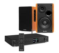 Audizio Adria DAB+ Internet Radio & Bookshelf Speaker HiFi System with Spotify, Bluetooth, WiFi, FM, USB, Complete Streaming Music Solution for Home or Small Business - Wood Finish, 80W Kit.