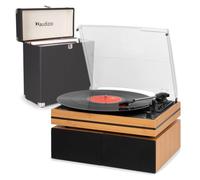 Audizio Akron Bluetooth Record Player with Speakers & LP Case - Bamboo | Belt drive, 3 speeds, built-in amp, Bluetooth, AUX, headphone out, holds 30-35 records