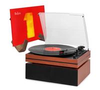 Audizio Akron Record Player with Speakers & LP Stand - Cherry Wood | Belt drive, 3 speeds, built-in amp, Bluetooth, AUX, headphone out, x-frame record stand