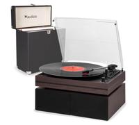 Audizio Akron Record Player with Speakers & LP Vinyl Case - Dark Wood | Belt drive, 3 speeds, built-in amp, Bluetooth, AUX, headphone out, holds 30-35 records