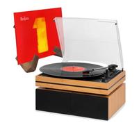 Audizio Akron Record Player with Speakers & LP Vinyl Stand - Bamboo | Belt drive, 3 speeds, built-in amp, Bluetooth, AUX, headphone out, x-frame record stand