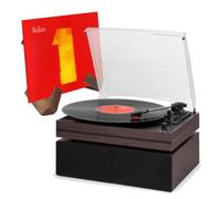 Audizio Akron Record Player with Speakers & LP Vinyl Stand - Dark Wood | Belt drive, 3 speeds, built-in amp, Bluetooth, AUX, headphone out, x-frame record stand