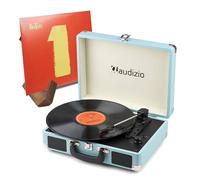 Audizio Blue Suitcase Record Player with Built-in Speakers, Bluetooth Input & Output and Retro Wooden Vinyl Display Stand - USB MP3 Encoding