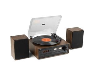 Audizio Boston Vinyl Record Player with CD, DAB Radio, Bluetooth HiFi System, Turntable Speaker, 3-Speed Home Stereo System, USB, AUX, Remote Control - Black/Brown