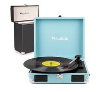 Audizio Briefcase Record Player Bundle with Vinyl Storage Case, Portable 3-Speed Turntable, Built-in Speakers, Auto Stop, Line Out, Headphone Output, Blue Retro Home Audio Set
