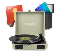 Audizio Briefcase Record Player Set with Built-in Speakers, Portable Record Turntable, RC32 Storage Case & Retro Wooden Vinyl Display Stand - Home Audio Solution for Vinyl Lovers, 3-Speed