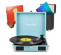 Audizio Briefcase Record Player with Built-In Speakers, Vinyl Storage Case & Wooden Display Stand - 3-Speed Turntable, RCA & Headphone Output, Retro Blue Finish - Complete Bundle for Vinyl Lovers