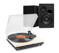 Audizio Complete Home Record Player Stereo System with Bluetooth Output, Black Bookshelf Speakers, Cream Turntable, Wireless & RCA Connectivity, HiFi Audio, Vinyl & MP3, USB Recording