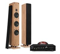 Audizio Complete Tower HiFi System with Bluetooth - Floor Standing Passive Speaker Pair & AD220B Stereo Amplifier, Optical TV Input, Wood Finish, 10m Cable