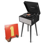 Audizio Fremont Black Retro Turntable on Legs with Bluetooth, Built-in Speakers & Vintage Wooden Vinyl Record Display Stand - Record Player Table Package Set