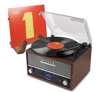 Audizio Frisco Retro Record Player with Built-In Speakers and Bluetooth, DAB+ Radio, USB MP3 Playback and Vintage Wooden Record Holder Stand