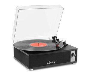 Audizio Irvine Retro Vinyl Record Player with Bluetooth, Built-In Stereo Speakers, Line Output, AUX Input, 3.5 mm Headphone Output, Black Turntable for Home Audio