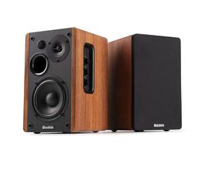 Audizio KS01 Active Bluetooth Bookshelf Speakers, 80W HiFi Home Audio - Stylish Wood Finish, Wireless Streaming, 2 RCA Inputs, DSP Technology, Remote, Bass & Treble Control, 4" Woofer