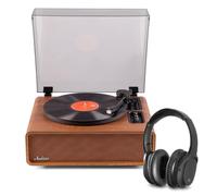 Audizio Laredo Bluetooth Record Player with Built-In Speakers and Wireless Noise Cancelling Headphones, Retro Vinyl Record Player, AT3600 cartridge, Brown