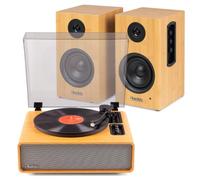 Audizio Laredo Record Player with Speakers and BS15 Wireless Bookshelf Speaker System, Bamboo Turntable Record Player for Vinyl, TV and Home Audio Use