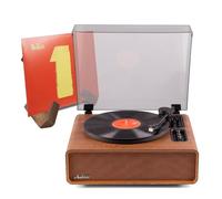 Audizio Laredo Retro Record Player with Speakers and Wooden Vinyl Display Stand, Bluetooth Record Player with AT3600 cartridge, 160W Turntable Record Player, Brown