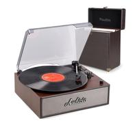 Audizio Reno Retro Bluetooth Record Player with Built-In Speakers and Dark Wood Vinyl Storage Case, Classic Record Player with Lid, Home Audio Setup for Vinyl Lovers, Compact Gift Set