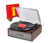 Audizio Reno Retro Record Player with Built-in Speakers and Bluetooth Input, Classic Wood Finish, Integrated Lid Design, and Vinyl Record Artwork Display Stand