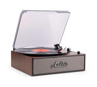 Audizio Reno retro vinyl record player with Bluetooth, built-in stereo speakers, wood finish, 3-speed turntable for 33/45/78 RPM, anti-dust cover, RCA out, ceramic cartridge, home audio decor