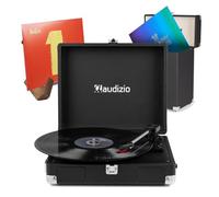 Audizio RP111BK Suitcase Record Player with Built-in Speakers, RC32 Vinyl Storage Case & Retro Display Stand - Complete Home Audio Bundle, 3-Speed Turntable, Headphone Out, Bluetooth, USB-C Powered