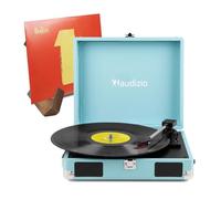 Audizio RP111BL Suitcase Record Player with Built-In Stereo Speakers, 3-Speed Turntable, USB-C Power, Auto Stop, Headphone & Line Out - Retro Blue Vinyl Player & Display Stand for Home Audio