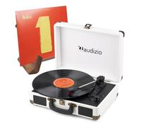 Audizio RP116CR Cream Suitcase Record Player with Bluetooth In/Out, Built-in Speakers & Retro Wooden Vinyl Display Stand - Compact Portable Vinyl Turntable Bundle