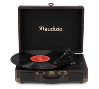 Audizio RP116DW Briefcase Record Player, Bluetooth Turntable, Dark Wood | Wireless streaming input and output, vinyl USB MP3 encoding recording, RCA output, 33/45/78 RPM, auto-stop, retro compact
