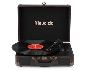 Audizio RP116DW Briefcase Record Player, Bluetooth Turntable, Dark Wood | Wireless streaming input and output, vinyl USB MP3 encoding recording, RCA output, 33/45/78 RPM, auto-stop, retro compact