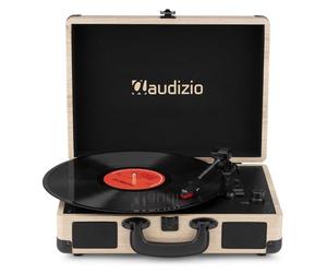 Audizio RP116LW Retro Briefcase Record Player, Vinyl Turntable with Built-In Stereo Speakers, Bluetooth In & Out, USB Vinyl to MP3 Converter, Three Speeds, Compact Portable Design - Light Wood