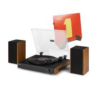 Audizio RP335 Retro Record Player with Bluetooth, Built-In Stereo Speakers & Wooden Vinyl Record Display Stand - Vintage Turntable & Album Storage Bundle