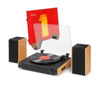 Audizio RP335BB Bluetooth Retro Record Player with Bamboo Bookshelf Speakers, Integrated Amplifier & Wooden Vinyl Display Stand - Stylish Turntable with Bluetooth Transmission, Home Audio Set