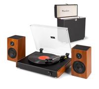 Audizio RP337W Bluetooth Record Player Package with Wireless Speakers and RC32 Vinyl Record Storage Case - Wood Finish, Built-in Amplifier, Retro Style, for Home Audio & Vinyl Enthusiasts
