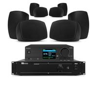Audizio Teramo WiFi Radio System with Amp & 8x Wall Speakers - Black | 100V/8 ohm amp, IPX5, 120-degree dispersion, marine-grade grille, DAB+, Bluetooth