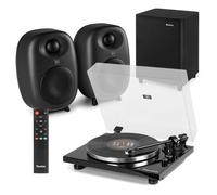 Audizio Toledo Premium Vinyl Record Player Hi-Fi Speaker System with Bluetooth Output, Active Bookshelf Speakers, Subwoofer, and Cables - Full Range Audio and TV Compatible Optical Input