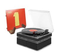 Audizio Tupelo Bluetooth Vinyl Record Player with Speakers and Wooden Record Display Stand, Belt Drive Turntable, 3 Speeds, RCA Output, Dust Cover, Black