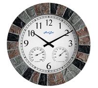 AudLee 35cm Indoor/Outdoor Faux Slate Wall Clock with Thermometer & Hygrometer - Waterproof, Battery Operated, Silent Sweep Movement - for Patio, Home, or Garden (Grey/Red/Black Frame)